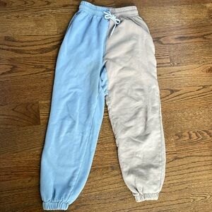 Two toned blue and tan sweatpants